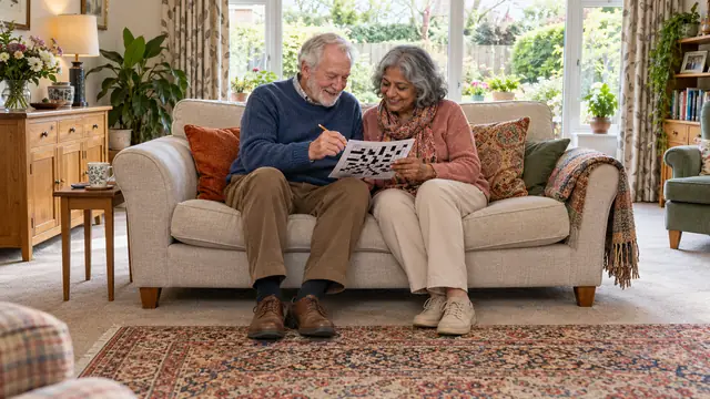 A retired couple doing a crossword on a clean sofa