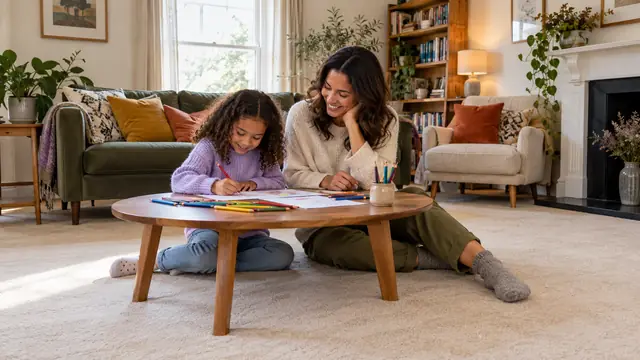 A child drawing at a coffee table on a clean beige carpet beside a parent