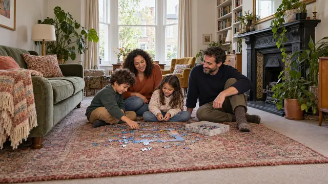 Children doing a jigsaw on the carpet of a Victorian terraced house