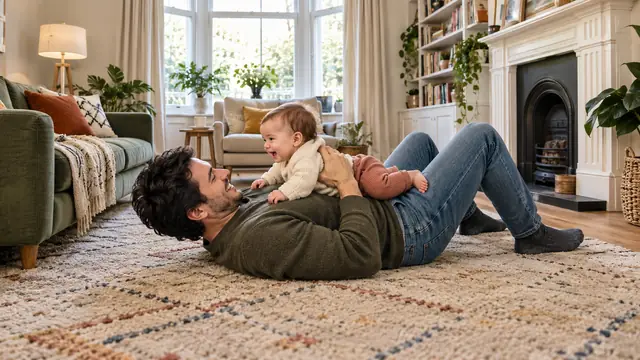 A father lying on the living room carpet with a baby on his chest