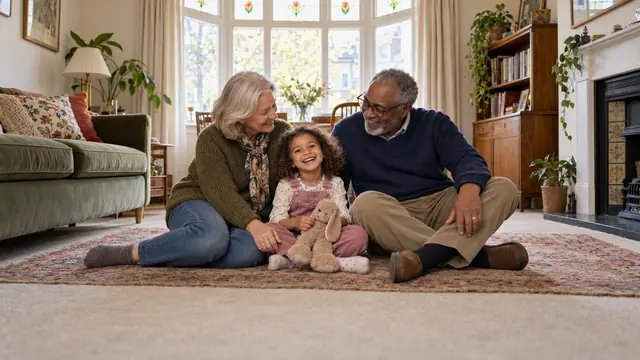 Grandparents and their granddaughter on the carpet of a 1930s semi