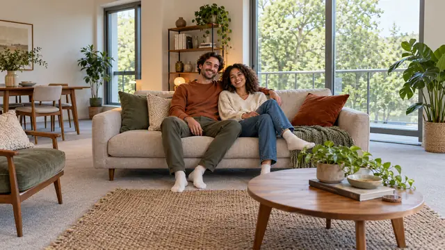 A young couple on a sofa in a new-build flat with grey carpet