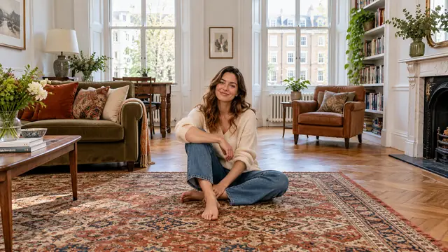 A woman on a patterned rug in a mansion block flat with tall windows