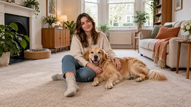 A woman on a clean carpet with a golden retriever across her lap