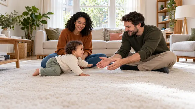 A family sitting on a clean cream carpet in a sunny living room