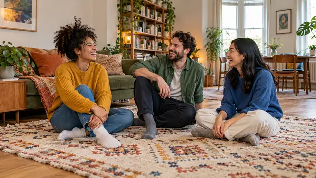 Three flatmates laughing on a large rug in a converted flat