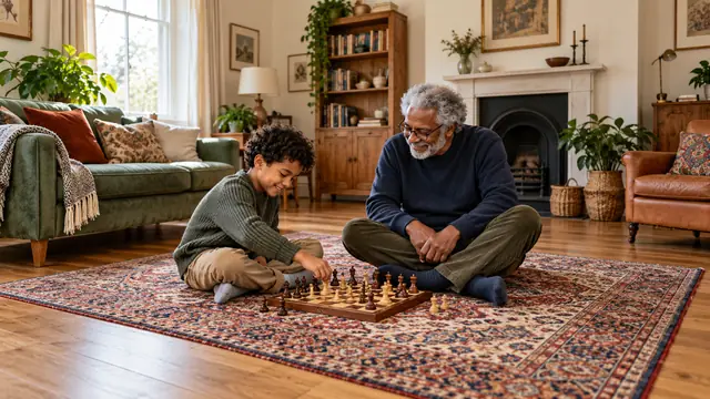 A boy and his grandfather playing chess on a patterned wool rug